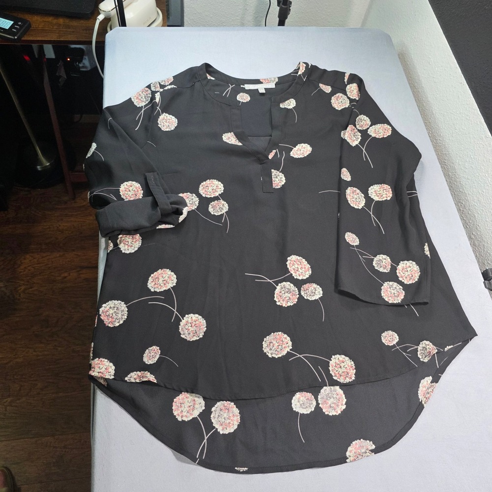 Daniel Rainn Black Floral Split Neck Roll Tab Sleeve Blouse Top Large D1419BPR1*